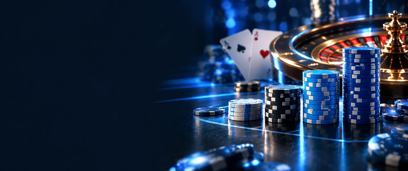 Torres de fichas de casino de menor a mayor junto a una ruleta